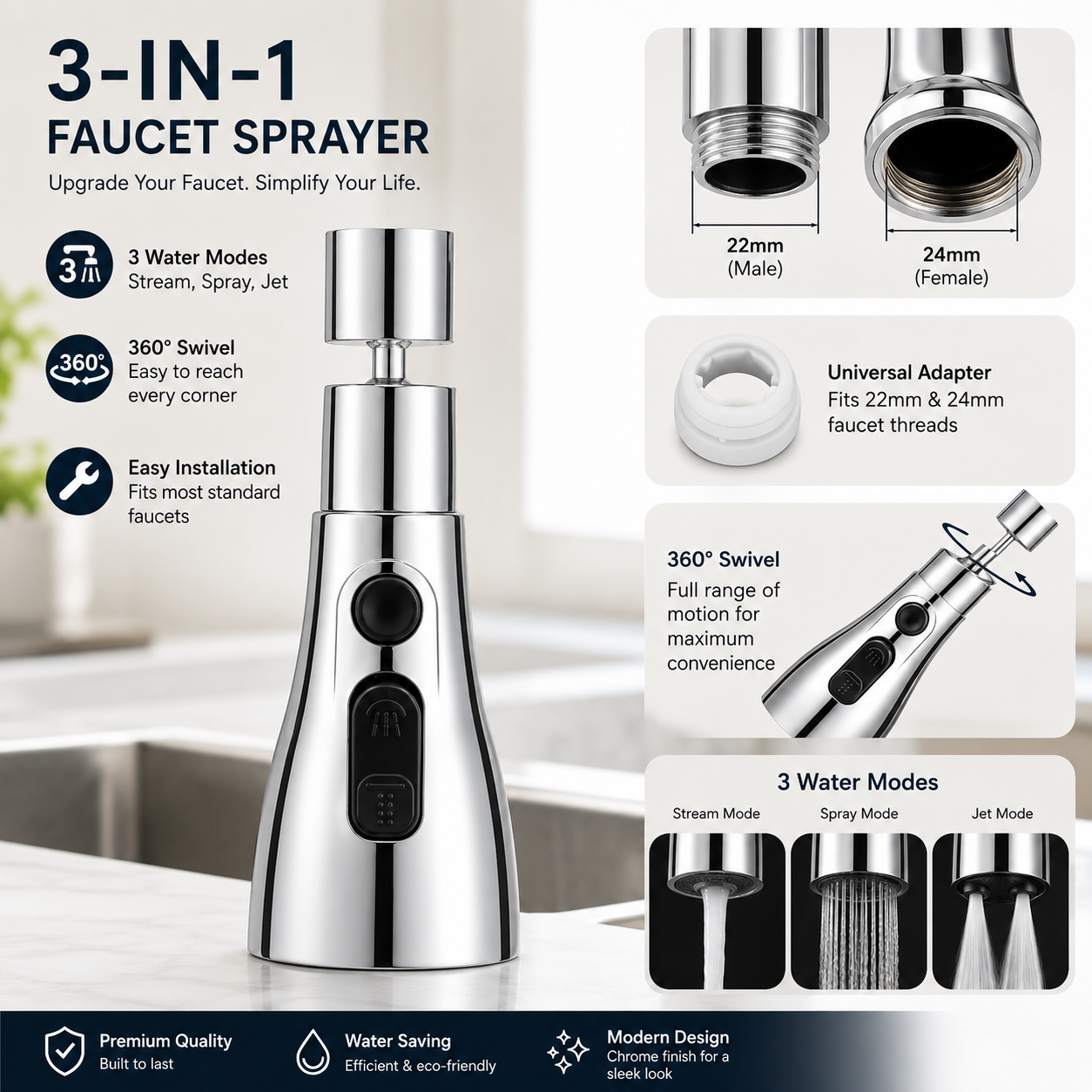 🏡 Premium 360° Faucet Extender | Adjustable 3-Mode Water Spray Attachment
