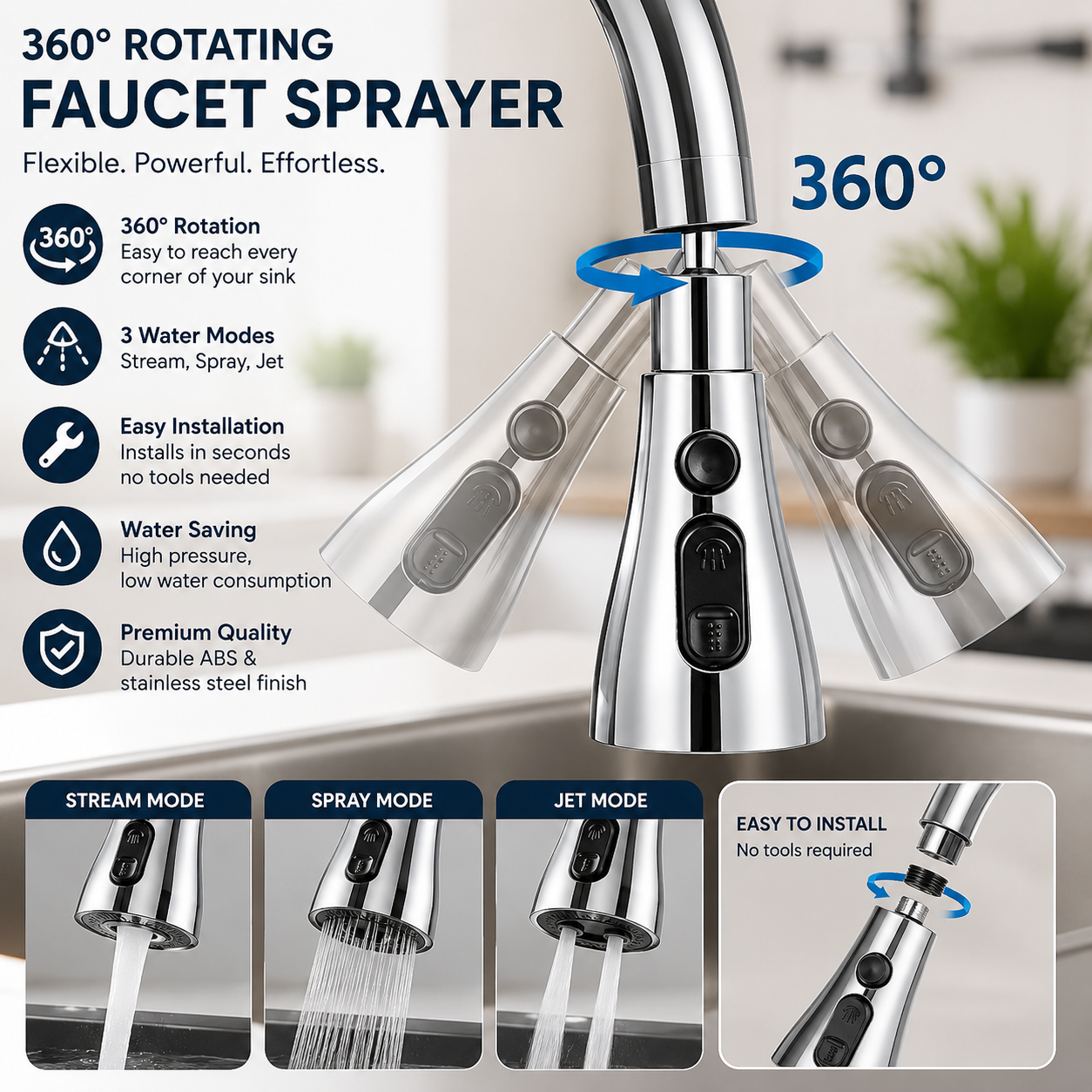 🏡 Premium 360° Faucet Extender | Adjustable 3-Mode Water Spray Attachment