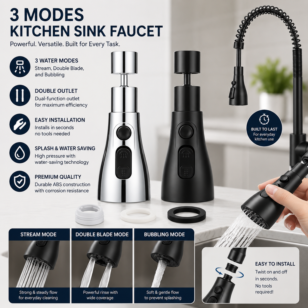 🏡 Premium 360° Faucet Extender | Adjustable 3-Mode Water Spray Attachment