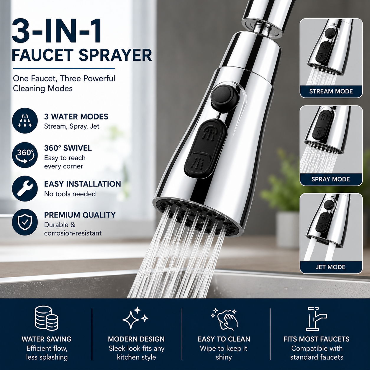 🏡 Premium 360° Faucet Extender | Adjustable 3-Mode Water Spray Attachment